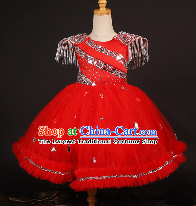 Professional Catwalks Stage Show Dance Red Veil Dress Modern Fancywork Compere Court Princess Costume for Kids