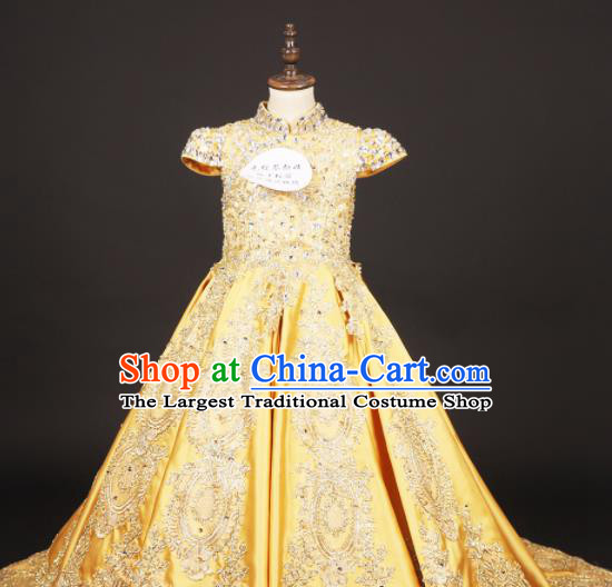 Professional Girls Catwalks Waltz Dance Yellow Dress Modern Fancywork Compere Stage Show Court Princess Costume for Kids