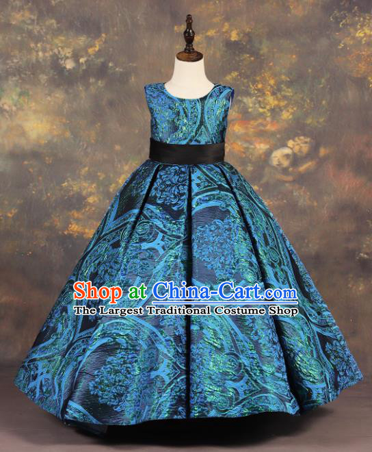 Professional Catwalks Stage Show Dance Blue Dress Modern Fancywork Compere Court Princess Costume for Kids