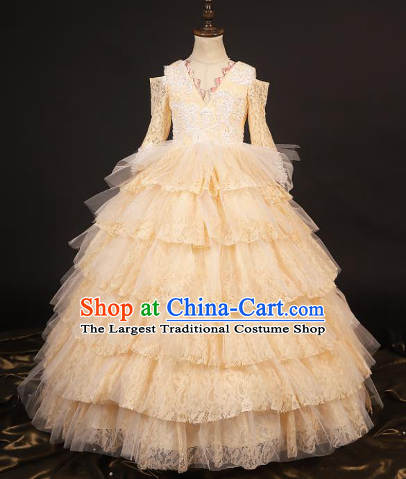 Professional Girls Catwalks Waltz Dance Champagne Lace Dress Modern Fancywork Compere Stage Show Costume for Kids