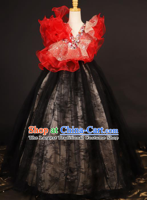 Professional Girls Catwalks Waltz Dance Black Veil Dress Modern Fancywork Compere Stage Show Costume for Kids