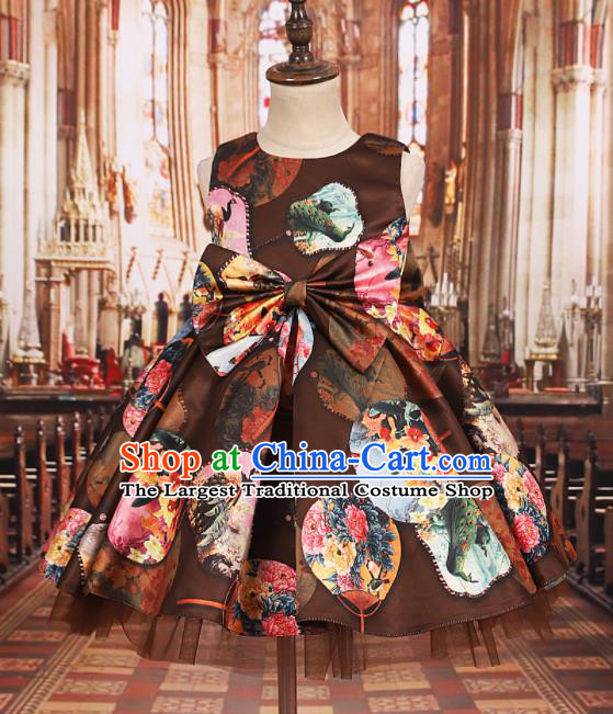 Professional Girls Catwalks Waltz Dance Printing Brown Dress Modern Fancywork Compere Stage Show Costume for Kids