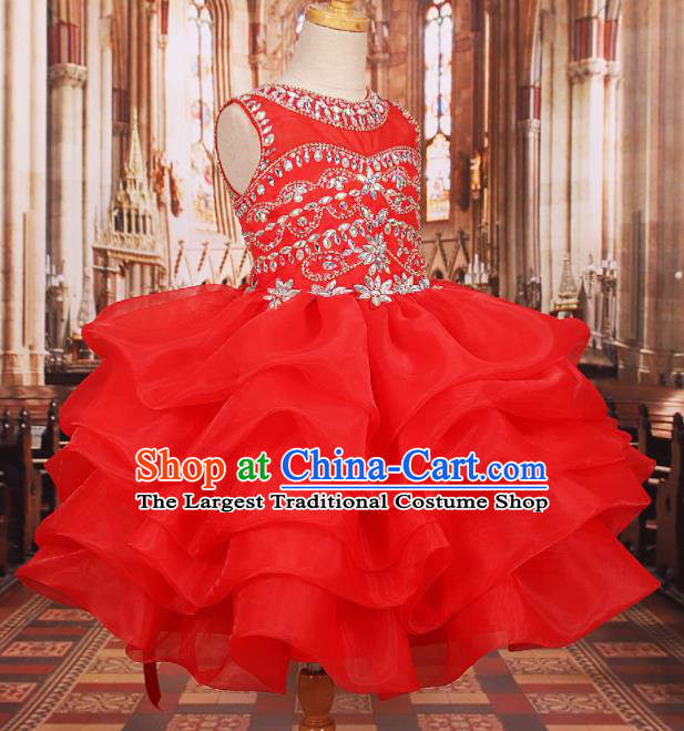 Professional Girls Catwalks Waltz Dance Red Veil Short Dress Modern Fancywork Compere Stage Show Costume for Kids