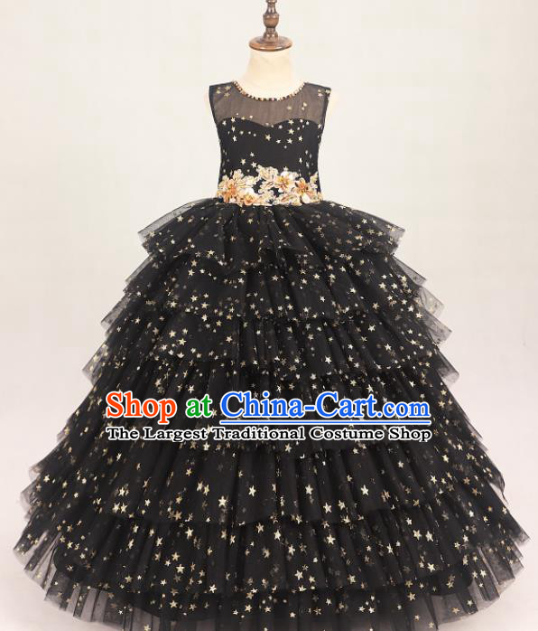 Professional Girls Catwalks Waltz Dance Black Veil Long Dress Modern Fancywork Compere Stage Show Costume for Kids