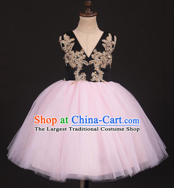 Professional Girls Catwalks Pink Veil Bubble Dress Modern Fancywork Compere Stage Show Costume for Kids