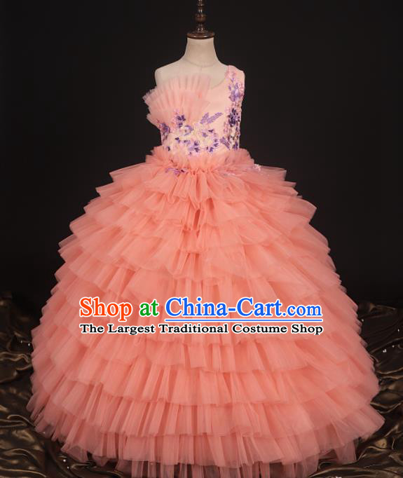 Professional Girls Catwalks Modern Fancywork Orange Veil Dress Compere Stage Show Costume for Kids