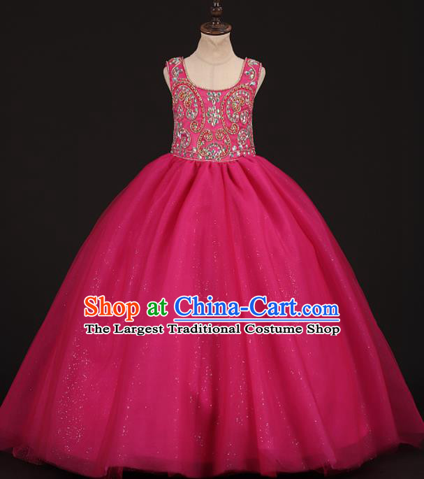 Professional Girls Modern Fancywork Rosy Shimmer Veil Dress Catwalks Compere Stage Show Costume for Kids