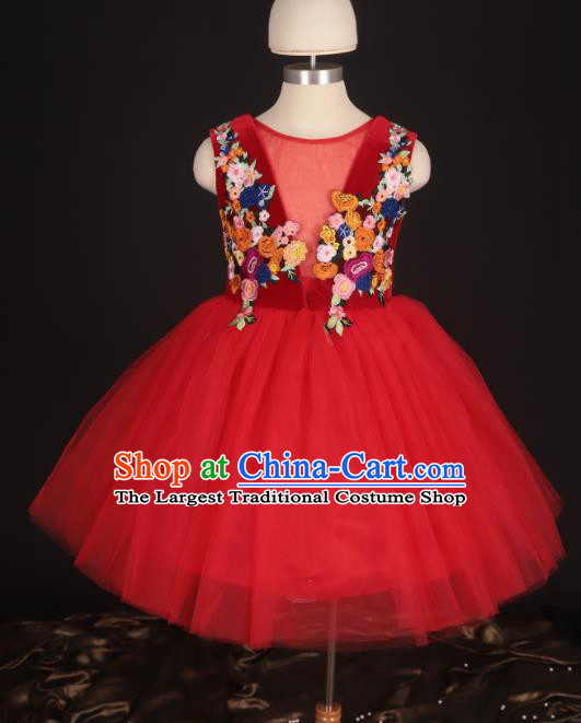 Professional Girls Modern Fancywork Red Veil Bubble Dress Catwalks Compere Stage Show Costume for Kids