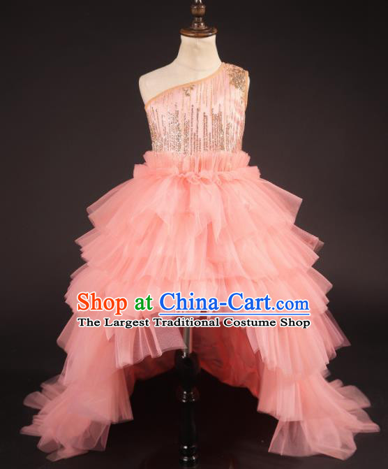 Professional Girls Modern Fancywork Pink Veil Trailing Dress Catwalks Compere Stage Show Costume for Kids