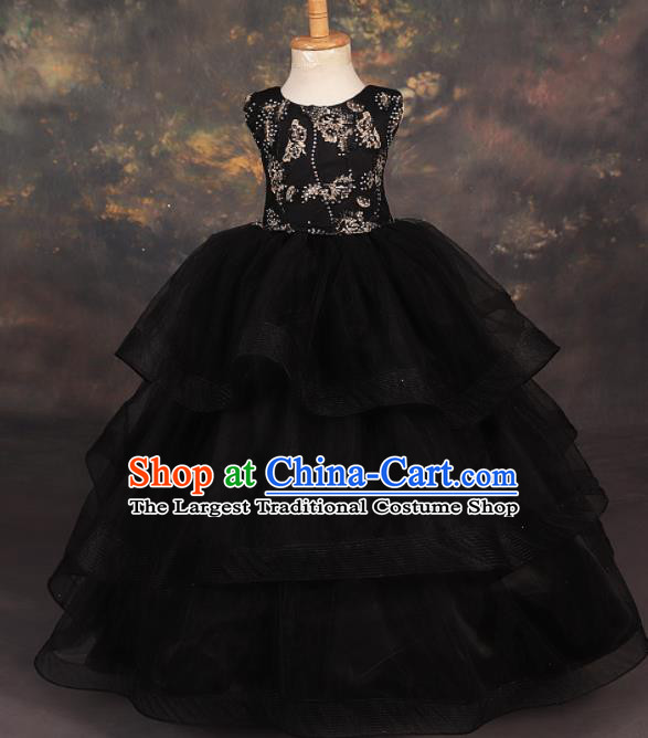 Professional Girls Modern Fancywork Black Veil Dress Catwalks Compere Stage Show Costume for Kids