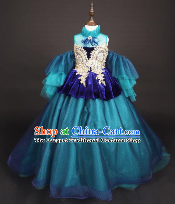 Professional Girls Modern Fancywork Blue Full Dress Catwalks Compere Stage Show Costume for Kids