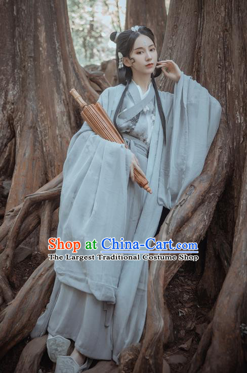 Chinese Traditional Ancient Female Swordsman Grey Hanfu Dress Jin Dynasty Court Princess Historical Costume for Women