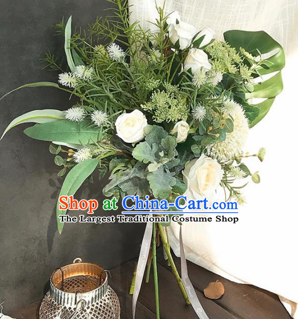 Handmade Classical Wedding Bride Holding Emulational White Rose Flowers Ball Hand Tied Bouquet Flowers for Women
