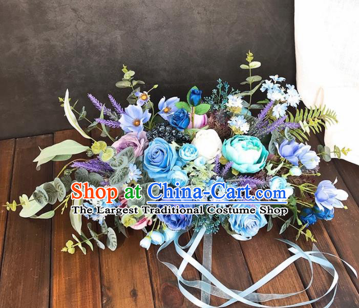 Handmade Classical Wedding Bride Holding Emulational Blue Rose Flowers Ball Hand Tied Bouquet Flowers for Women