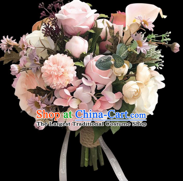 Handmade Wedding Bride Holding Emulational Classical Pink Flowers Ball Hand Tied Bouquet Flowers for Women