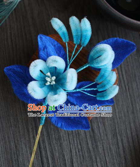 Chinese Handmade Blue Velvet Flowers Hairpins Ancient Palace Hair Accessories Headwear for Women