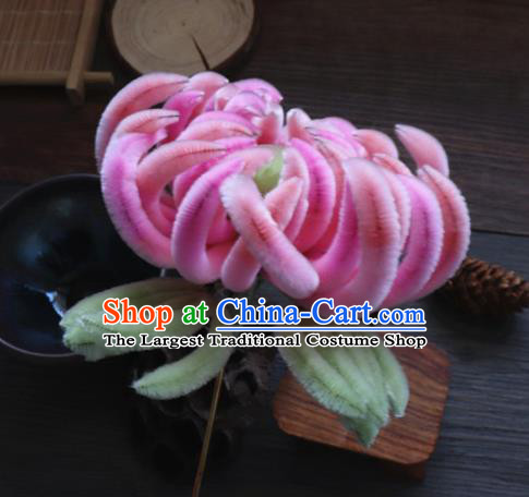 Chinese Handmade Pink Velvet Chrysanthemum Hairpins Ancient Palace Hair Accessories Headwear for Women