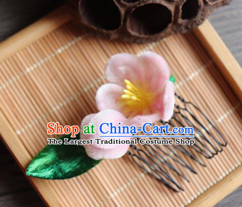 Chinese Handmade Wedding Pink Velvet Peach Flower Hair Comb Ancient Palace Queen Hair Accessories Headwear for Women