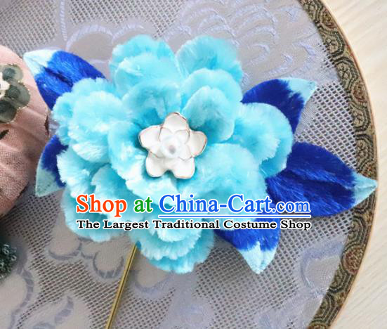 Chinese Handmade Blue Velvet Peony Hairpins Ancient Palace Queen Hair Accessories Headwear for Women