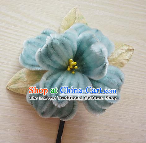 Chinese Handmade Palace Blue Camellia Velvet Hairpins Ancient Queen Hair Accessories Headwear for Women