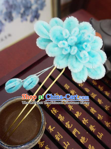 Chinese Handmade Palace Blue Velvet Hairpins Ancient Queen Hair Accessories Headwear for Women