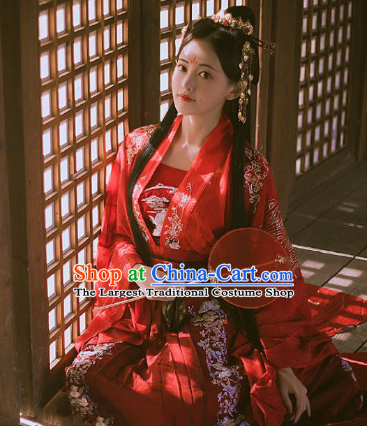 Chinese Traditional Tang Dynasty Wedding Historical Costume Ancient Princess Peri Red Hanfu Dress for Women