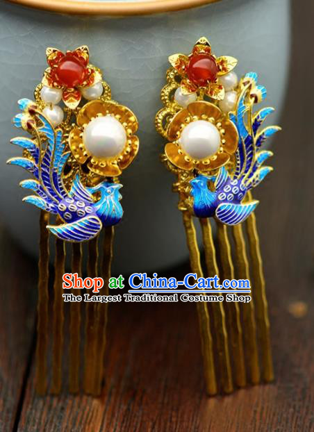 Chinese Handmade Hanfu Cloisonne Phoenix Hair Combs Hairpins Ancient Princess Hair Accessories Headwear for Women