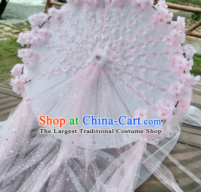 Chinese Traditional Pink Flowers Ribbon Tassel Umbrella Ancient Princess Umbrella for Women