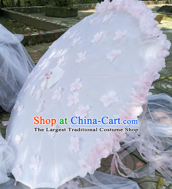 Chinese Traditional Pink Peach Blossom Ribbon Tassel Umbrella Ancient Princess Umbrella for Women