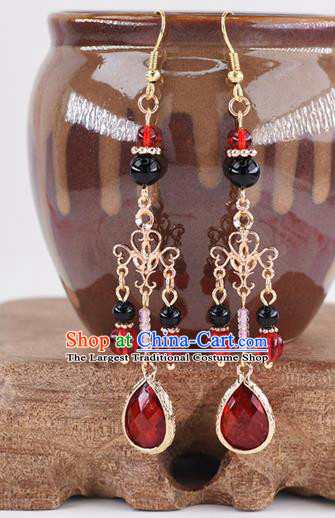 Handmade Chinese Classical Red Crystal Tassel Earrings Ancient Palace Hanfu Ear Accessories for Women