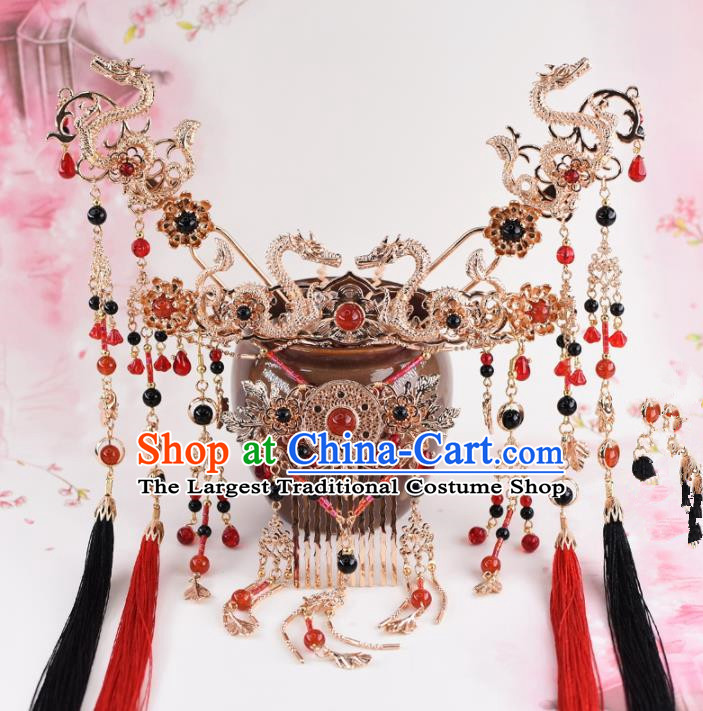 Chinese Handmade Palace Dragons Tassel Hair Crown Hairpins Ancient Princess Hanfu Hair Accessories Headwear for Women