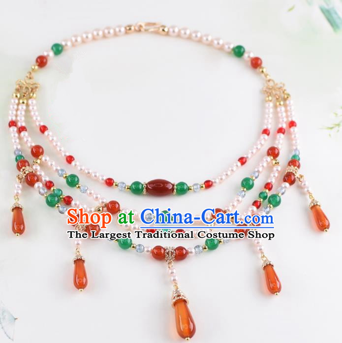 Handmade Chinese Classical Pearls Agate Necklace Ancient Palace Hanfu Necklet Accessories for Women