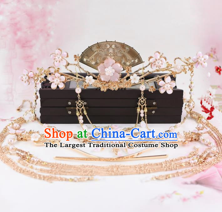 Chinese Handmade Palace Pink Flowers Hair Crown Hairpins Ancient Princess Hanfu Hair Accessories Headwear for Women