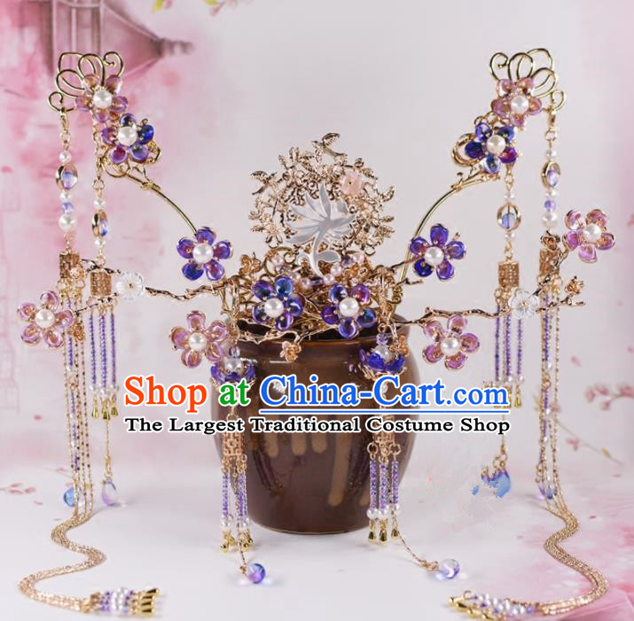 Chinese Handmade Palace Purple Plum Blossom Hair Crown Hairpins Ancient Princess Hanfu Hair Accessories Headwear for Women