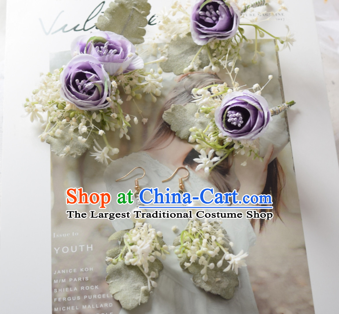 Romantic Handmade Flower Head Wear Garland Hair Jewelry and Earrings Complete Set for Women