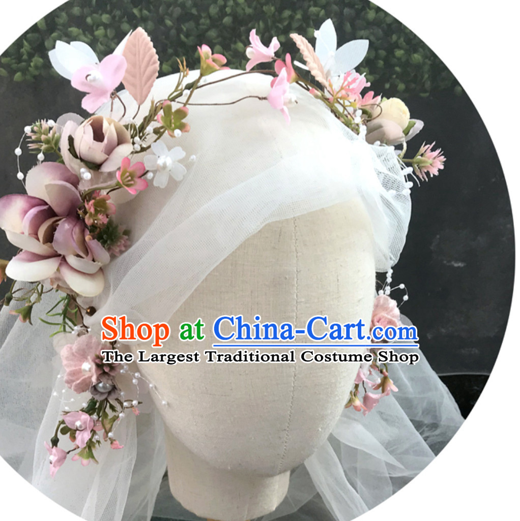 Romantic Handmade Pink Wedding Garland Hair Decoration and Earring Full Set for Girls
