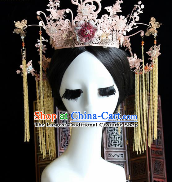 Chinese Handmade Palace Pink Phoenix Coronet Hairpins Ancient Princess Hanfu Hair Accessories Headwear for Women