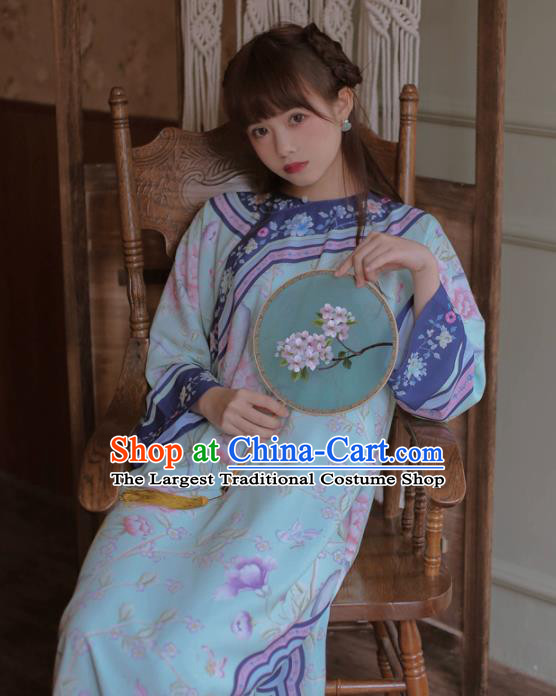 Chinese Classical National Printing Blue Cheongsam Traditional Tang Suit Qipao Dress for Women