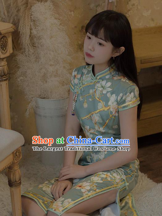 Chinese National Printing Mangnolia Green Cheongsam Traditional Classical Tang Suit Qipao Dress for Women