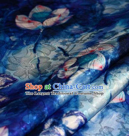 Chinese Traditional Hanfu Royal Printing Lotus Pattern Blue Brocade Material Cheongsam Classical Fabric Satin Silk Fabric