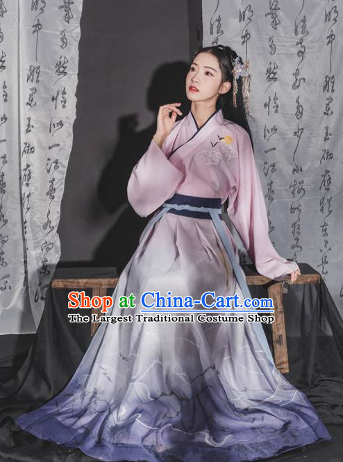 Chinese Ancient Jin Dynasty Young Lady Embroidered Hanfu Dress Traditional Swordswoman Historical Costume for Women