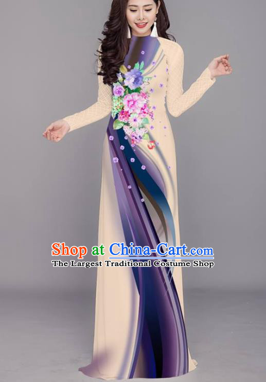 Vietnam Traditional Printing Flowers Beige Aodai Cheongsam Asian Costume Vietnamese Bride Classical Qipao Dress for Women