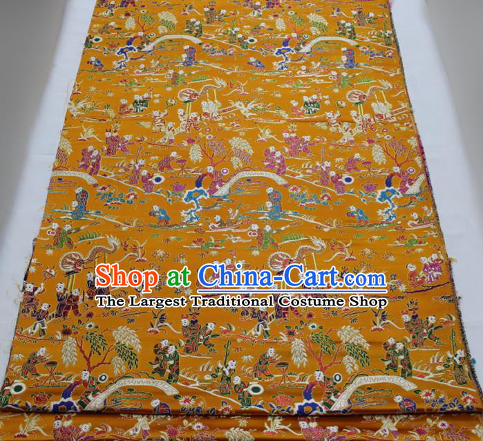 Chinese Traditional Tang Suit Royal Hundred Children Pattern Golden Brocade Satin Fabric Material Classical Silk Fabric