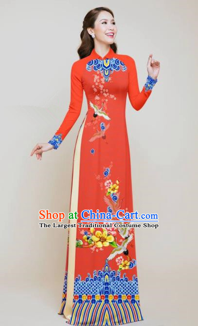 Vietnam Traditional Wedding Printing Flowers Cranes Orange Aodai Cheongsam Asian Vietnamese Bride Classical Qipao Dress for Women