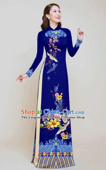 Vietnam Traditional Wedding Printing Flowers Cranes Royalblue Aodai Cheongsam Asian Vietnamese Bride Classical Qipao Dress for Women