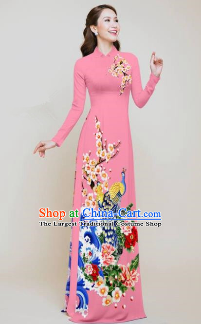 Vietnam Traditional Printing Peacock Peony Pink Aodai Cheongsam Asian Vietnamese Bride Classical Qipao Dress for Women