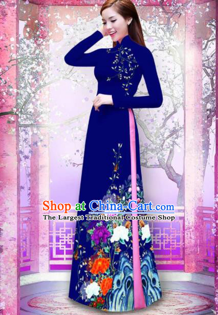 Vietnam Traditional Printing Peony Navy Ao Dai Dress Asian Vietnamese Bride Classical Cheongsam for Women