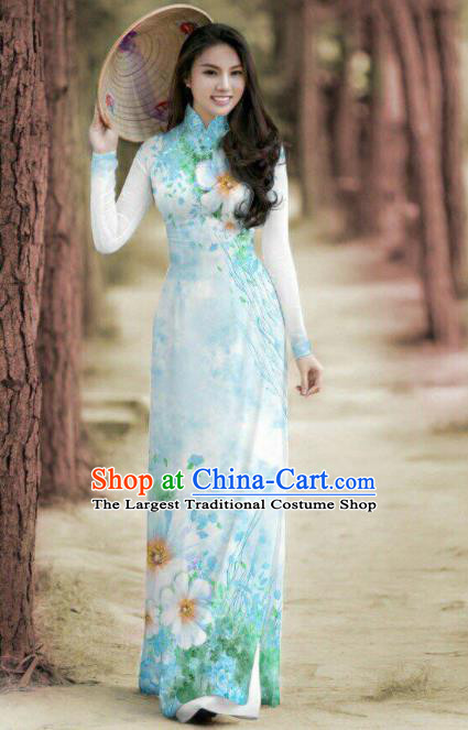 Vietnam Traditional Printing Blue Ao Dai Dress Asian Vietnamese Bride Classical Cheongsam for Women