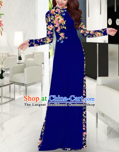 Vietnam Traditional Printing Royalblue Ao Dai Dress Asian Vietnamese Bride Classical Cheongsam for Women