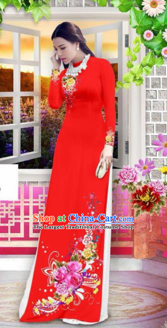 Vietnam Classical Wedding Red Ao Dai Dress Asian Traditional Vietnamese Bride Cheongsam for Women